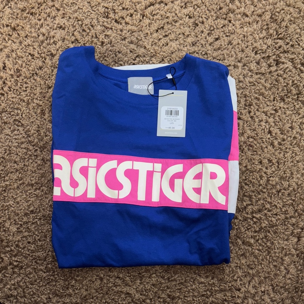 2 Asics T-Shirts- 1. Blue and pink 1. Black